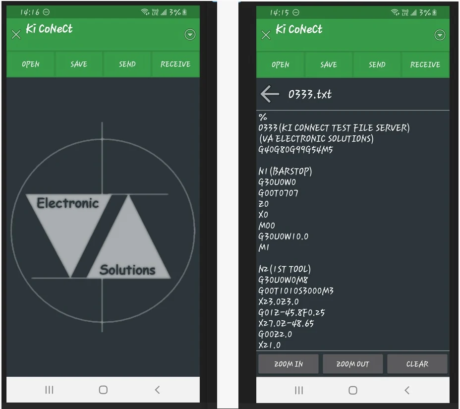 Ki CoNeCt wireless Bluetooth DNC unit transferring CNC programs to an Android tablet