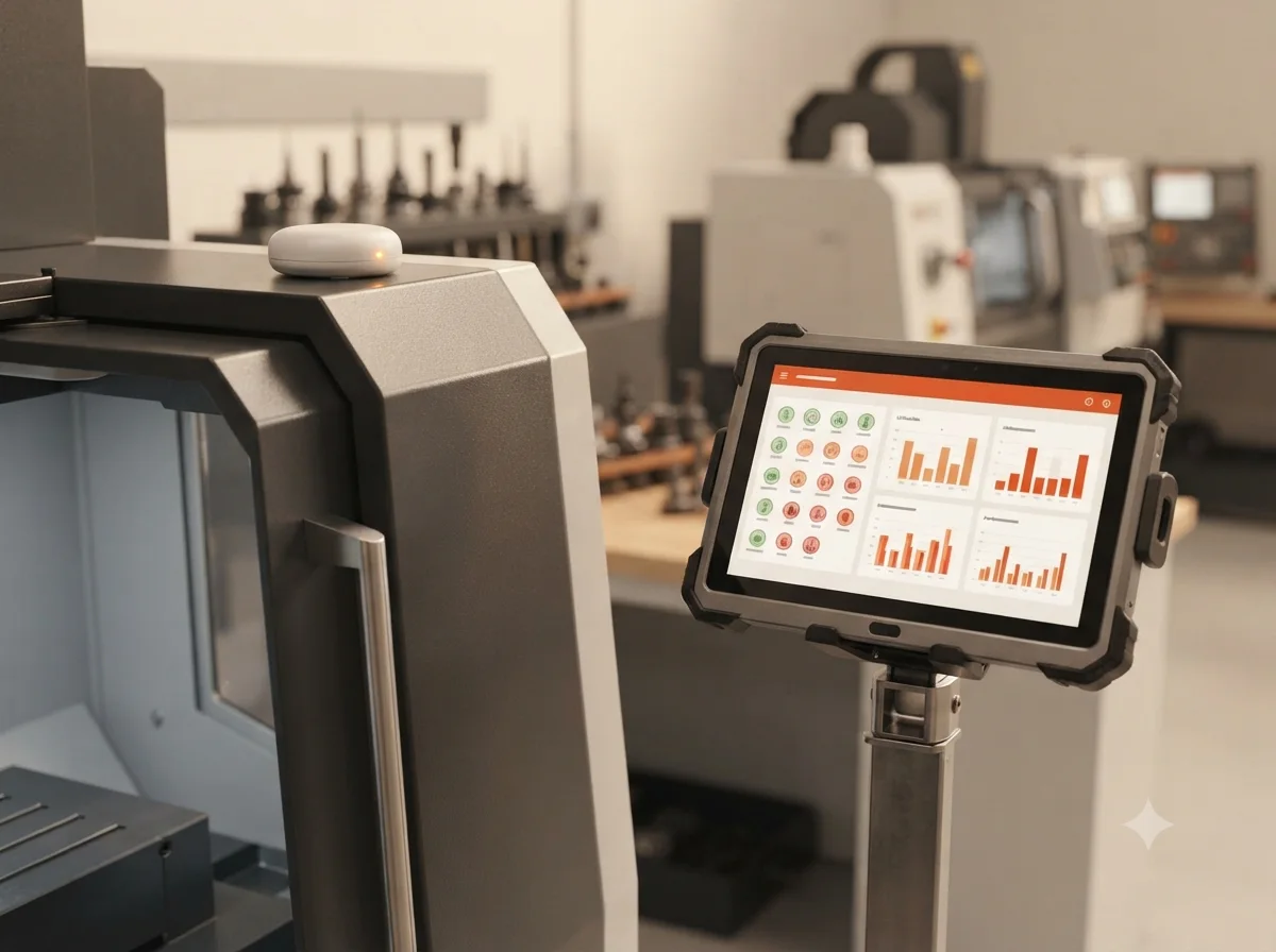 Easy Metrics dashboard on a shopfloor tablet beside a CNC machine fitted with a wireless status sensor